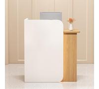 Petit bureau de réception moderne avec tiroir verrouillable et lumières LED - Comptoir de vente au détail pour magasins de vêtements, design élégant en bois blanc et finition bois (orientation gauche)