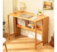 Petit bureau pliable en bambou avec bibliothèque, table d'ordinateur, gain de place, petit bureau pliable pour étudiant pour maison, chambre à coucher, bureau, station de travail (couleur bois, 83 cm)