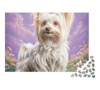Petit Chien à Poils Longs Blanc Puzzle 1000 Pièces Puzzle pour Adultes Fond Floral Pastel Jeu de Puzzle 1000 Pièces Détente et Partage 70x50cm/1000pcs