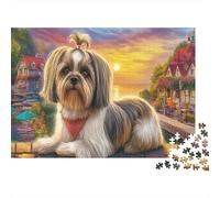 Petit Chien Coucher de Soleil Campagne Puzzle 1000 Pièces Puzzle pour Adultes Papier Jeu de Puzzle 1000 Pièces Relaxation Décoration Cadeau 52x38cm/1000pcs