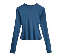 Petit Col Rond Chemise Hauts pour Femmes Printemps et été Nouveau Fil Minceur T-Shirt Court-Bleu de mer-L