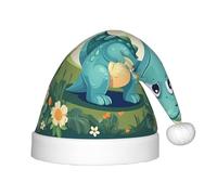 Petit dinosaure dans l'herbe verte chapeau de Noël, chapeau de Père Noël unisexe, doux et confortable, pour fête du Nouvel An