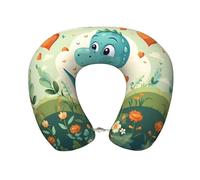 Petit dinosaure dans l'herbe verte Oreiller de voyage en mousse à mémoire de forme - Support de cou réglable en forme de U pour avion, voiture, coussin de repos