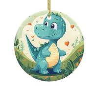 Petit dinosaure dans l'herbe verte ronde en céramique - Décoration de sapin de Noël personnalisée à suspendre pour décoration d'intérieur