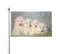 Petit drapeau Samoyède de 152 cm x 91 cm avec œillets, en polyester double face, pour jardin, représentant une famille de chiots Samoyèdes blancs.