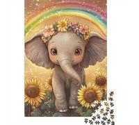 Petit éléphant Mignon Puzzle pour Adultes Puzzle 1000 Pièces Fleurs de Tournesol Décor Arc-en-Ciel Papier Détente Cadeau Famille Maison 70x50cm/1000pcs