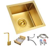 Petit évier de cuisine carré doré avec robinet, panier de vidange rétractable et kit, évier de bar en acier inoxydable 304, poste de travail (Couleur : GoldB, Dimensions : 36 x 36 cm)