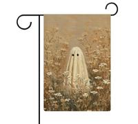 Petit fantôme dans un champ de fleurs sauvages - Drapeau de jardin minimaliste beige - En toile de jute - Double face - 30,5 x 45,7 cm