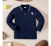 Petit garçon Polo bleu marine à manches longues, broderie de chevalier & col rayé style preppy, convient pour la rentrée scolaire, le port quotidien, l'automne/l'hiver 6Y,7Y,8Y,9Y,10Y,4Y,5Y,11Y,12Ygra