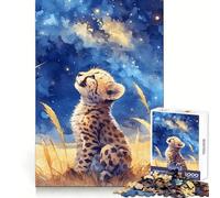 Petit guépard Aquarelle contemplant Les étoiles Puzzle de 1000 pièces pour Adultes Exercice de logique Plaisir décontracté Bords Nets Idéal pour Noël (38x26cm)