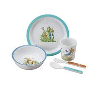 PETIT JOUR - Coffret Cadeau 5 Pièces Pour Enfant 6Mois+ - Mélamine - Sans BPA - Assiette 18cm, Timbale 160ml, Bol 250ml, Set De 2 Couverts 14cm - Lavable Au Lave-Vaisselle - Pierre Lapin - Bleu