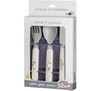 Petit Jour Paris - Set De 3 Couverts Pour Bébé Ernest Et Célestine - 1 Couteau À Bout Rond + 1 Cuillère + 1 Fourchette À Dents Courtes - Inox + Ergonomiques En Abs - 12+