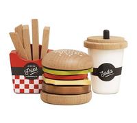 Petit Jour, Set de Jeu Hamburger Gastronomique en Bois FSC, Jouet d'Imitation Cuisine, 3+ Ans, 6 x 3 x 6,2 cm, 13 Pièces avec Frites et Soda, Le Toy Van, Enfant