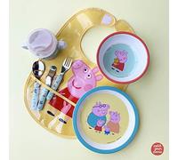 PETIT JOUR - Set Repas Pour Bébé +6 Mois - Mélamine - Sans BPA - Assiette Bébé 18cm, Bol 250ml, Tasse 2 Anses 160ml, Set De Couverts, Bavoir Toile Cirée - Peppa Pig