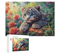 Petit léopard de Neige sur Rocher avec des Fleurs Rouges Puzzle 300 Pièces pour Adultes Activité Relaxante Réduction du Stress Cadeau pour Bien-être 300 PCS