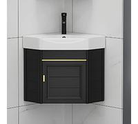 Petit meuble de salle de bain d'angle mural avec évier en céramique - Lavabo utilitaire avec robinet de rangement chaud et froid pour la maison, la cuisine, la buanderie
