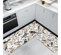 Petit Oiseau Branche de Fleurs Tapis de Cuisine, 40x60cm+40x120cm, Écologie Naturelle Tapis Couloir Long Antidérapant Lavable en Machine, pour Entrée Couloir Décor, Bleu et Jaune
