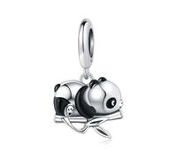 Petit panda couché sur un pendentif en bambou, accessoire de bracelet à breloques en argent sterling 925, compatible avec le collier de bracelet pandora, cadeau pour femme