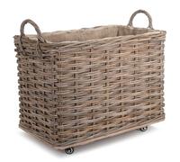 Petit panier à bûches doublé de toile de jute en rotin à roues