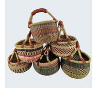 Petit Panier Bolga Rond 20-25 cm - Panier Africain Original du Ghana pour Enfants avec Anse en Cuir - Fait Main & Commerce Équitable