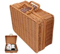 Petit panier de pique-nique avec couvercle 8, 7x6, 3x3, 9 mini panier de pique-nique en plastique tressé en rotin avec poignée, serrure sangle en cuir pour articles divers, camping et voyage...