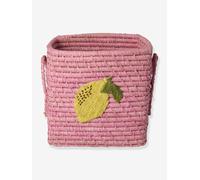 Petit panier en raphia avec broderie citron et poignées rice carré rose TU