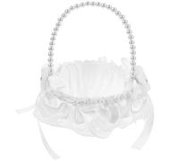 Petit Panier Mariage Blanc Élégant Poignée, Perles et Dentelle | Panier de Fleurs de Perles, Panier de Mariage Portable, pour Confettis et Fleurs