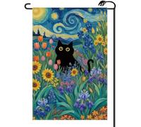Petit Pavillon Chats Nuit étoilée Fleurs de printemps Imprimés botaniques | à thème sombre Petite bannière Extérieur 12x18in Durable Drapeau personnalisé Résistant Aux Intempéries Drapeau de