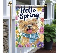 Petit Pavillon Chien avec écharpe fleurie Bonjour printemps Petite | bannière Carnaval 12x18in Léger Drapeau de jardin Imperméable Drapeau personnalisé Balcon Fête