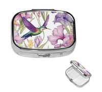 Petit pilulier 2 compartiments, colibris iris fleurs pilulier quotidien portable en métal pour poche, sac à main, boîte à pilules de voyage avec miroir carré support de médicaments et vitamines Cadeau