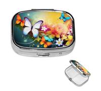 Petit pilulier 2 compartiments, coloré avec papillon - Pilulier portable en métal pour poche, sac à main, voyage, pilulier avec miroir carré - Support pour médicaments et vitamines - Cadeau unique