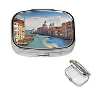 Petit pilulier 2 compartiments, Grand Canal en Italie, pilulier quotidien portable en métal pour poche, sac à main, boîte à pilules de voyage avec miroir carré, support de médicaments et vitamines
