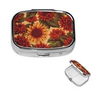 Petit pilulier 2 compartiments, rouge tournesol pilulier portable en métal pour poche, sac à main, boîte à pilules de voyage avec miroir carré, support de médicaments et vitamines, cadeau unique