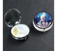 Petit pilulier 3 compartiments, bonhomme de neige Merry Christmas - Pilulier quotidien portable en métal pour poche, sac à main, boîte à pilules de voyage avec miroir rond et support de vitamines -