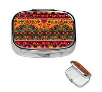 Petit pilulier à 2 compartiments, art folklorique mexicain, bohème, pilulier portable en métal pour poche, sac à main, boîte à pilules de voyage avec miroir carré, support à médicaments et vitamines