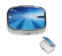 Petit pilulier à 2 compartiments, bleu pour piscine, organiseur de pilules quotidien portable en métal pour poche, sac à main, boîte à pilules de voyage avec miroir carré, support de médicaments et