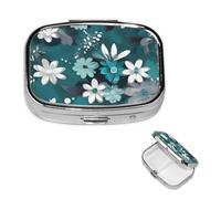 Petit pilulier à 2 compartiments, bleu sarcelle gris et blanc floral, organiseur de pilules portable en métal pour poche, sac à main, boîte à pilules de voyage avec miroir carré, support de