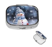 Petit pilulier à 2 compartiments, bonhomme de neige de Noël, pilulier portable en métal pour poche, sac à main, boîte à pilules de voyage avec miroir carré, support de vitamines, cadeau unique
