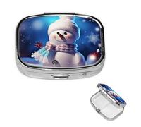 Petit pilulier à 2 compartiments, bonhomme de neige « Merry Christmas » en métal portable pour poche, sac à main, boîte à pilules de voyage avec miroir carré, support de vitamines, cadeau unique