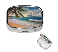 Petit pilulier à 2 compartiments, cocotier, plage sablonneuse, pilulier portable en métal pour poche, sac à main, boîte à pilules de voyage avec miroir carré, support de médicaments et vitamines
