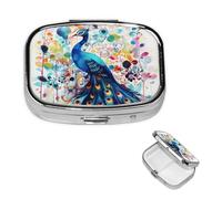 Petit pilulier à 2 compartiments, couleur paon coloré, organiseur de pilules portable en métal pour poche, sac à main, boîte à pilules de voyage avec miroir carré, porte-médicaments, porte-vitamines