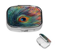 Petit pilulier à 2 compartiments, couleur paon coloré, organiseur de pilules portable en métal pour poche, sac à main, boîte à pilules de voyage avec miroir carré, porte-médicaments, porte-vitamines