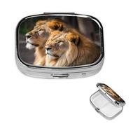 Petit pilulier à 2 compartiments, deux lions, pilulier quotidien portable en métal pour poche, sac à main, boîte à pilules de voyage avec miroir carré, support de médicaments et vitamines, cadeau