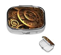 Petit pilulier à 2 compartiments, engrenages steampunk cool, boîte à pilules portable en métal pour poche, sac à main, boîte à pilules de voyage avec miroir carré, support de vitamines, cadeau unique