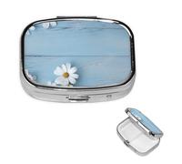 Petit pilulier à 2 compartiments, fleurs blanches bleu clair, pilulier portable en métal pour poche, sac à main, boîte à pilules de voyage avec miroir carré, support de médicaments et vitamines