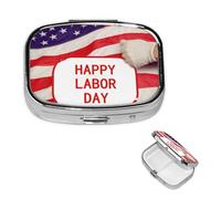 Petit pilulier à 2 compartiments, Happy Labor Day - Pilulier quotidien portable en métal pour poche, sac à main, boîte à pilules de voyage avec miroir carré - Support de vitamines - Cadeau unique