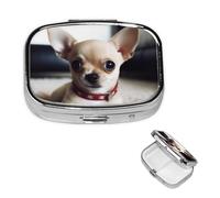 Petit pilulier à 2 compartiments, joli pilulier en forme de chihuahua portable en métal pour poche, sac à main, boîte à pilules de voyage avec miroir carré, support de médicaments et vitamines, cadeau