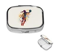 Petit pilulier à 2 compartiments, motif fille de basket-ball, pilulier quotidien portable en métal pour poche, sac à main, boîte à pilules de voyage avec miroir carré, support de médicaments et
