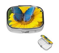 Petit pilulier à 2 compartiments, motif tournesol bleu papillon, pilulier portable en métal pour poche, sac à main, boîte à pilules de voyage avec miroir carré, support de médicaments et vitamines