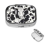 Petit pilulier à 2 compartiments, noir et blanc en forme de vache - Organisateur de pilulier portable en métal pour poche, sac à main, voyage, pilulier avec miroir carré - Support de vitamines